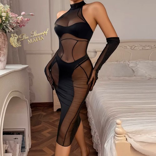 Damen mesh kleid bodycon - mesh,